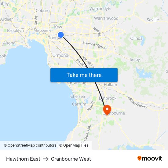Hawthorn East to Cranbourne West map