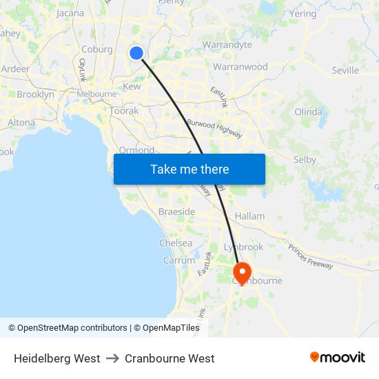 Heidelberg West to Cranbourne West map