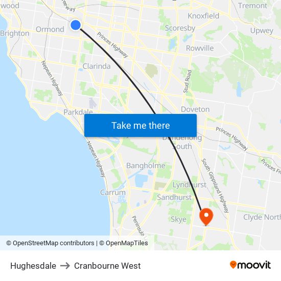 Hughesdale to Cranbourne West map