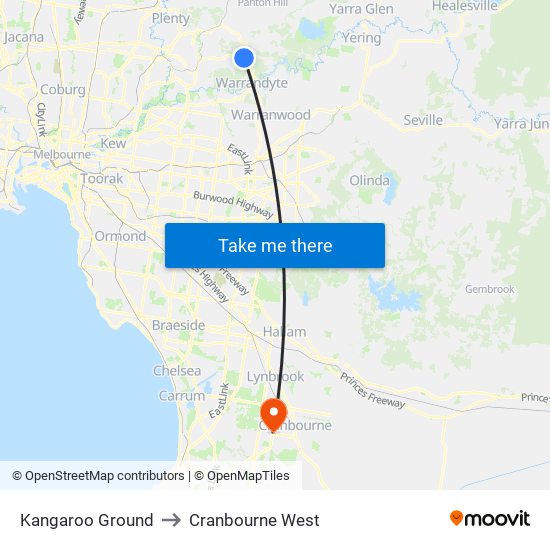 Kangaroo Ground to Cranbourne West map