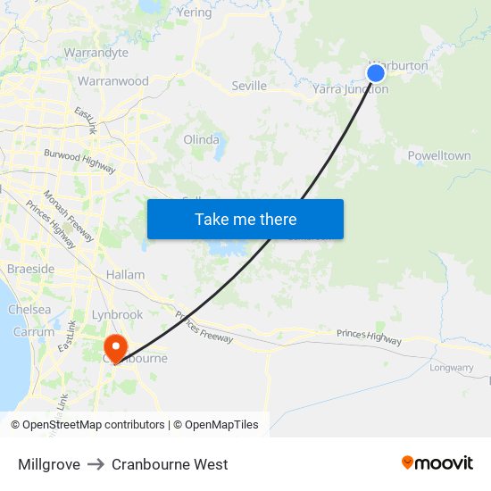 Millgrove to Cranbourne West map