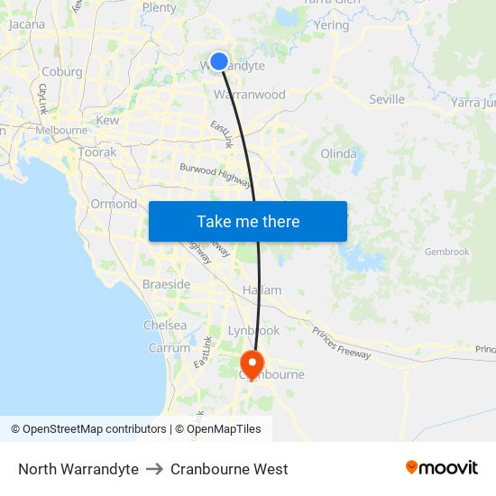 North Warrandyte to Cranbourne West map