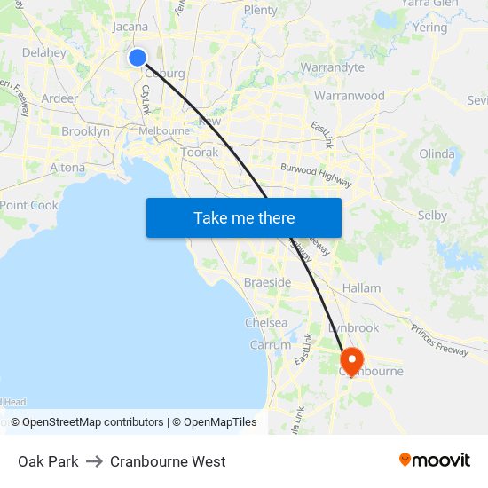 Oak Park to Cranbourne West map