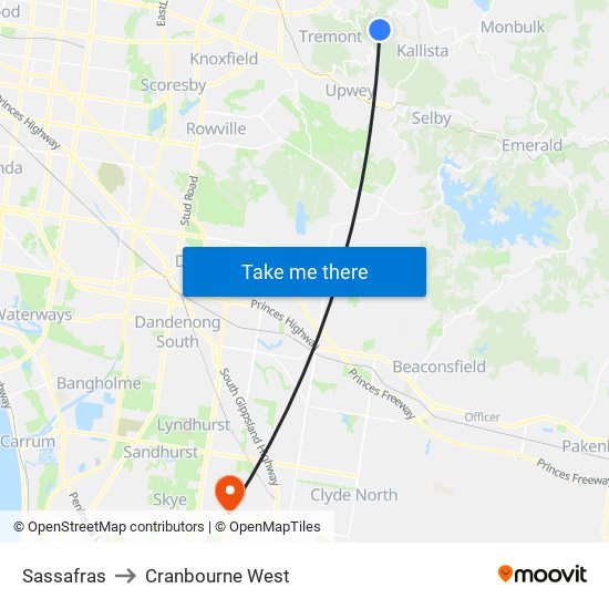 Sassafras to Cranbourne West map