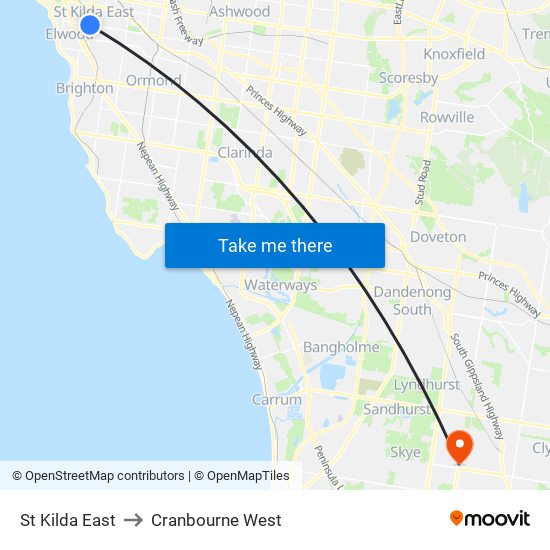 St Kilda East to Cranbourne West map