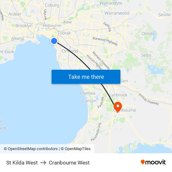 St Kilda West to Cranbourne West map