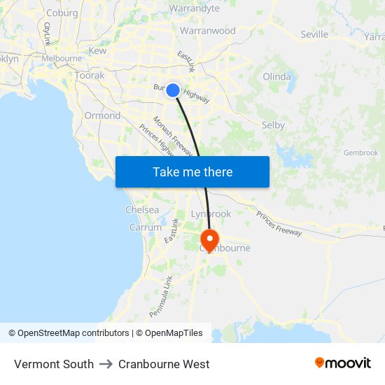 Vermont South to Cranbourne West map