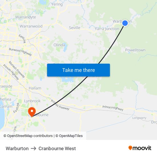 Warburton to Cranbourne West map