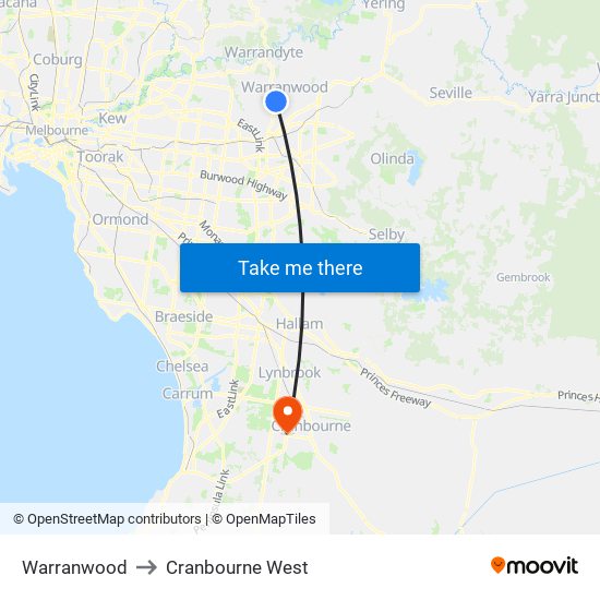 Warranwood to Cranbourne West map