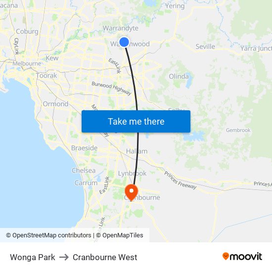 Wonga Park to Cranbourne West map