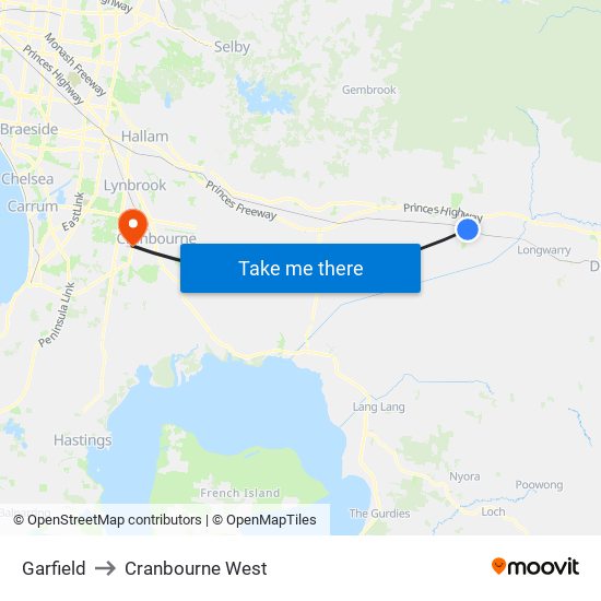 Garfield to Cranbourne West map