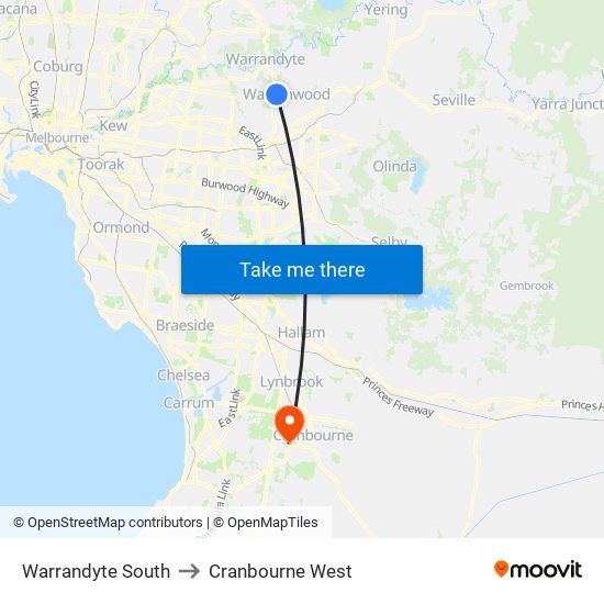 Warrandyte South to Cranbourne West map