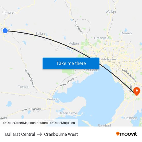 Ballarat Central to Cranbourne West map