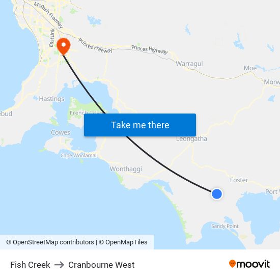 Fish Creek to Cranbourne West map