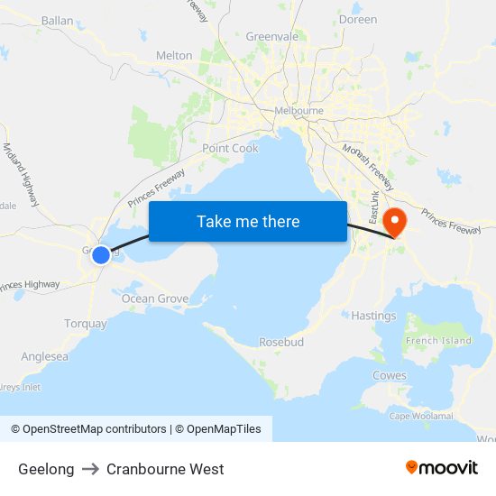 Geelong to Cranbourne West map