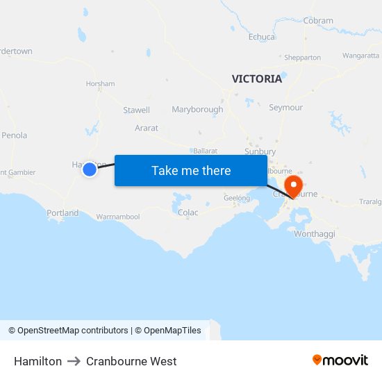 Hamilton to Cranbourne West map