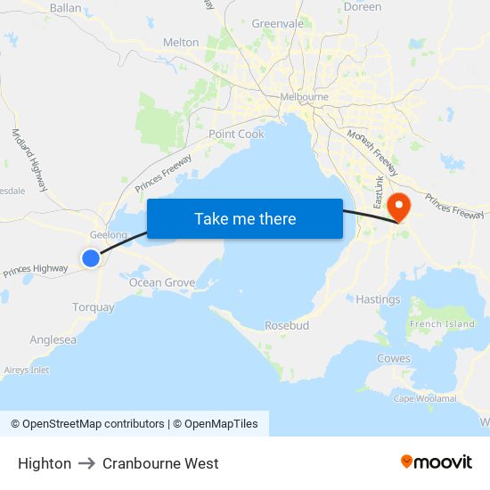 Highton to Cranbourne West map