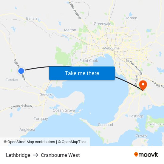 Lethbridge to Cranbourne West map