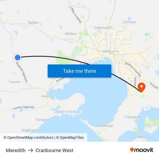 Meredith to Cranbourne West map