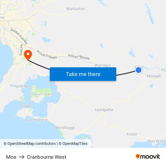 Moe to Cranbourne West map