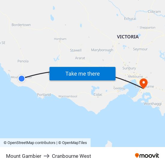 Mount Gambier to Cranbourne West map