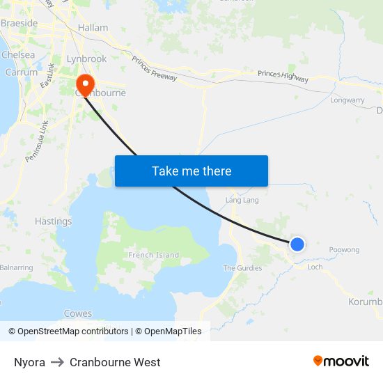 Nyora to Cranbourne West map