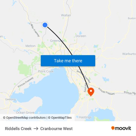 Riddells Creek to Cranbourne West map