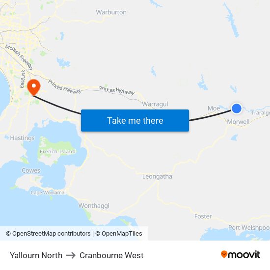 Yallourn North to Cranbourne West map