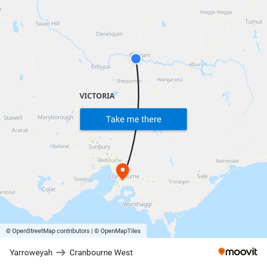 Yarroweyah to Cranbourne West map