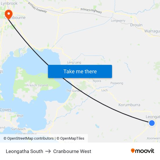 Leongatha South to Cranbourne West map