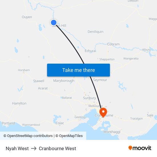 Nyah West to Cranbourne West map