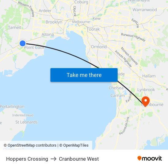 Hoppers Crossing to Cranbourne West map