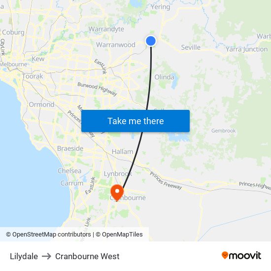Lilydale to Cranbourne West map