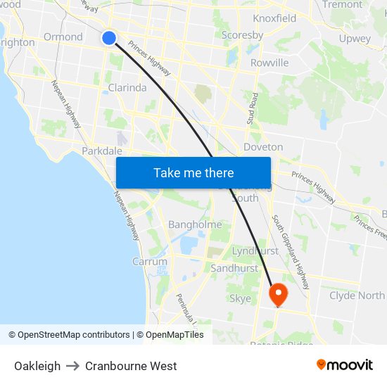 Oakleigh to Cranbourne West map