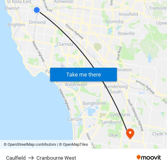 Caulfield to Cranbourne West map