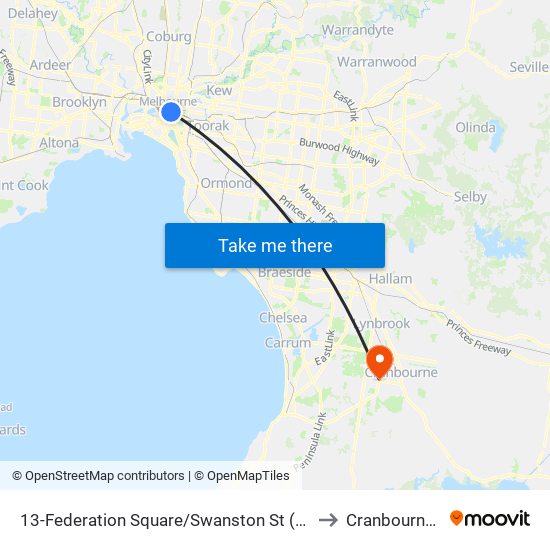 13-Federation Square/Swanston St (Melbourne City) to Cranbourne West map