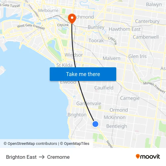 Brighton East to Cremorne map