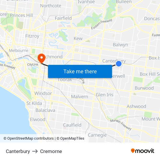 Canterbury to Cremorne map