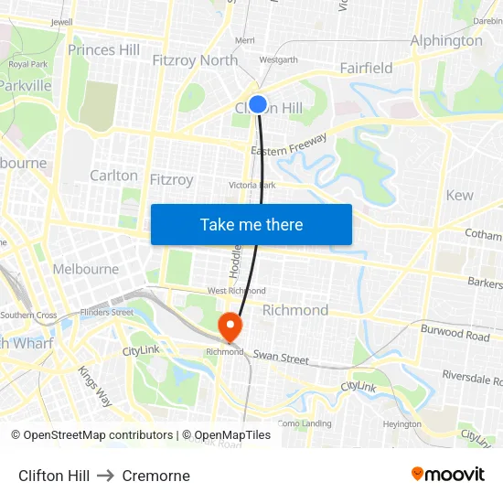 Clifton Hill to Cremorne map