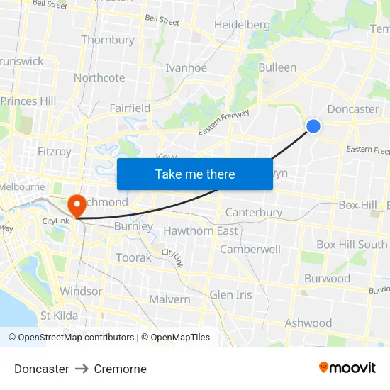 Doncaster to Cremorne map