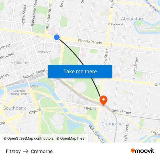 Fitzroy to Cremorne map