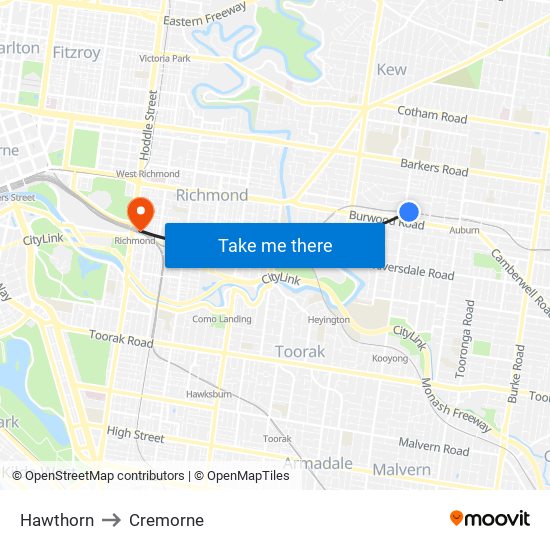 Hawthorn to Cremorne map