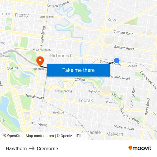 Hawthorn to Cremorne map