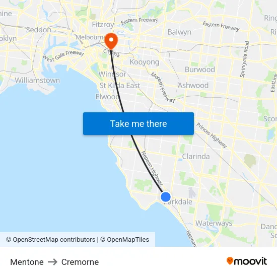 Mentone to Cremorne map