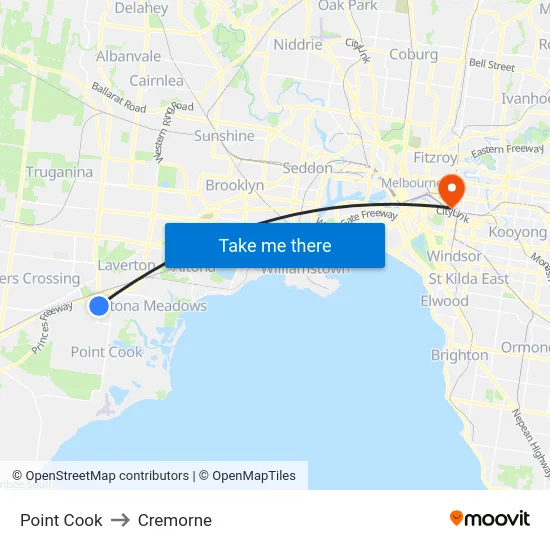 Point Cook to Cremorne map