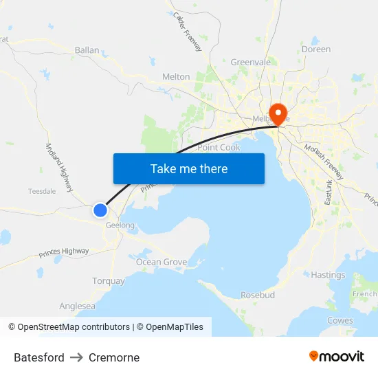 Batesford to Cremorne map
