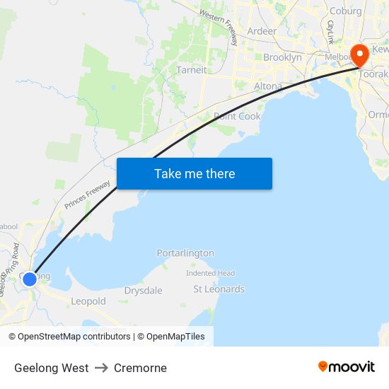 Geelong West to Cremorne map