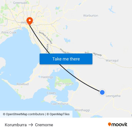 Korumburra to Cremorne map