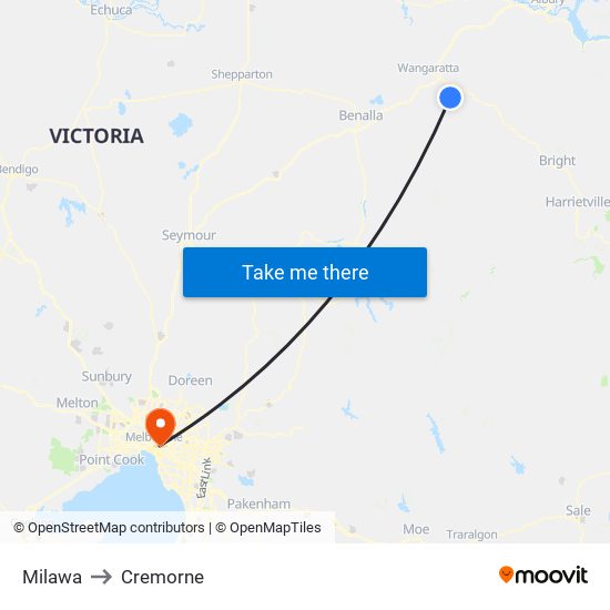 Milawa to Cremorne map