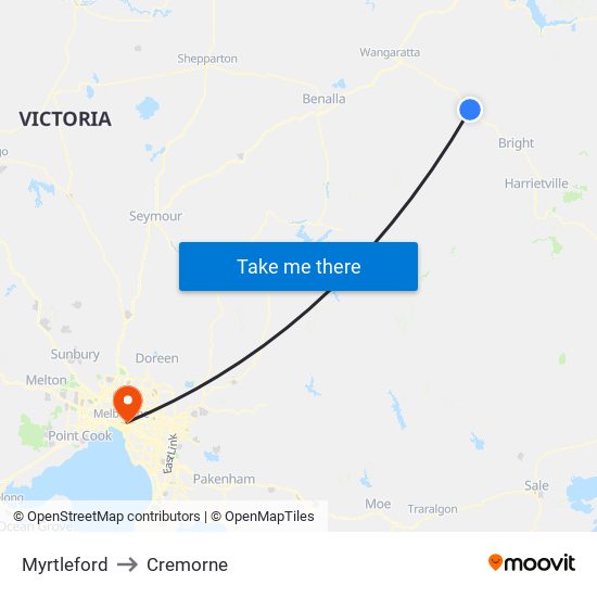 Myrtleford to Cremorne map